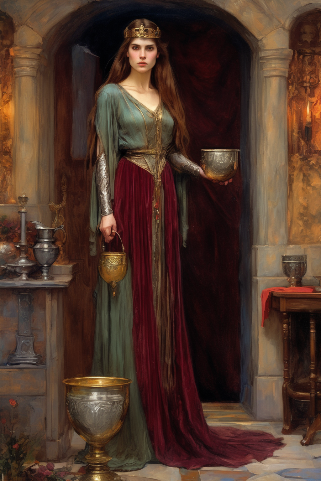 00451-2888784180-John William Waterhouse Style - character portrait, queen Guinevere hiding the holy grail behind her back, gorgeous woman with b.png